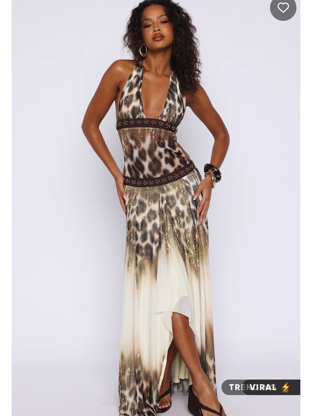 White Fox Boutique Brown and Cream Leopard Halter Maxi Dress